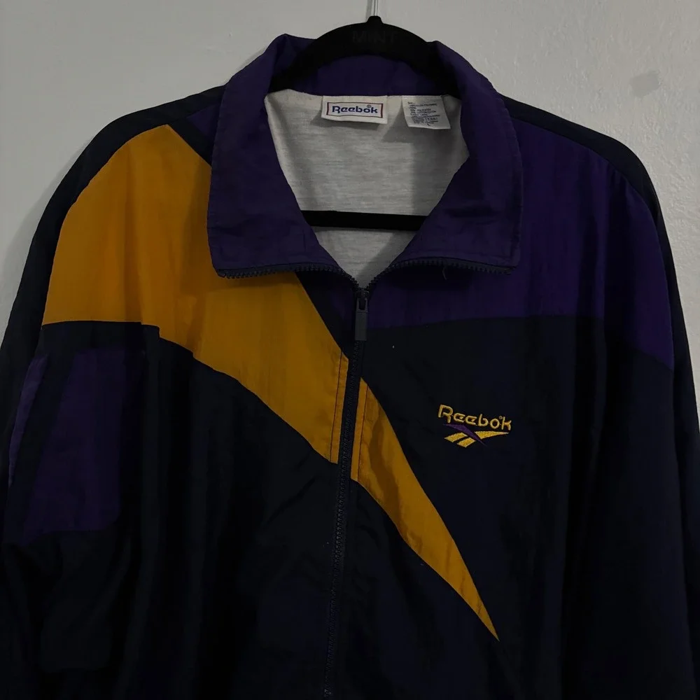 Vtg 90s Reebok Windbreaker Jacket Navy Purple Gold Colorblock Men Large‎ L
